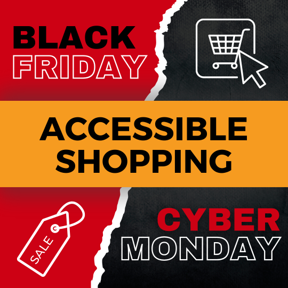 Accessible Shopping. Black Friday. Curser arrow pointing to shopping cart. Sales tag. Cyber Monday.
